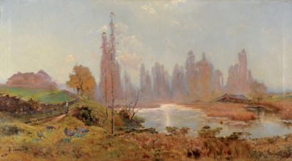 Philippe TASSIER (1873-1947) Ferme animée près de l'étang Huile sur toile Signé en...