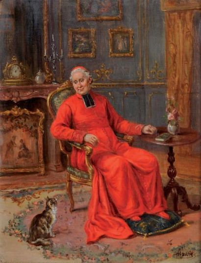Cristofor ALANDI (1856 1896) Le prélat et le chat Huile sur toile Signée en bas à...