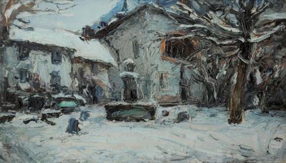 Pierre CALES (1870-1961) Fontaine de Tencin sous la neige Huile sur carton Signé...