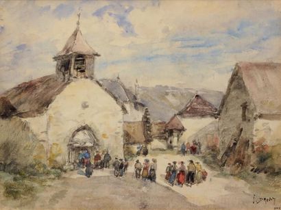 Johannes DREVET (1854-1940) L'entrée de la messe Aquarelle Signée en bas à droite...