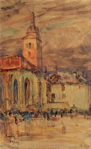 Johannes DREVET (1854-1940) Sortie de messe à Annecy Aquarelle Signée en bas à gauche...