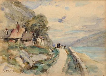 Johannes DREVET (1854-1940) Chemin au bord du lac Aquarelle Signée en bas à gauche...