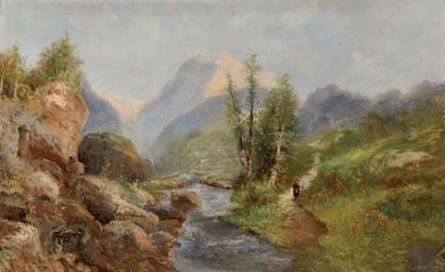 Alfred GODCHAUX (XIX-XXe) Torrent de montagne Huile sur toile Signé en bas à gauche...
