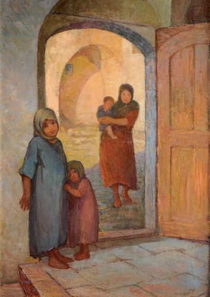 Anne Marie ESPRIT (1866-1926) Famille dans le Maghreb Huile sur toile Signé en bas...