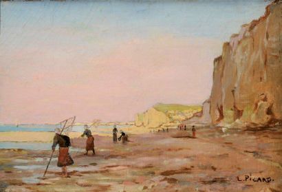 Louis PICARD (1861-1940) Pêcheurs au pied des falaises Huile sur toile Signé en bas...