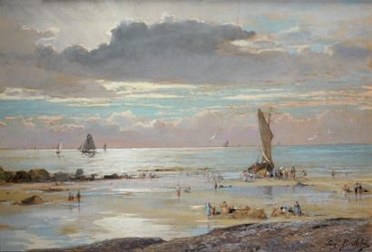 Eugène BERTHELON (1830-1914) Scène de plage Pastel Signé en bas à droite 39 x 57...