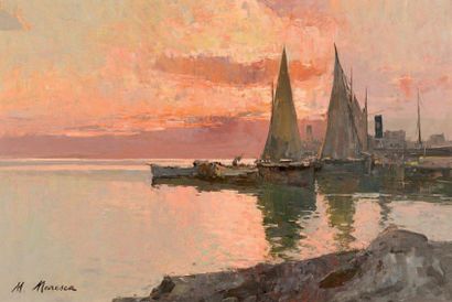 Mario MARESCA (1877) Voiliers au port au crépuscule Huile sur toile Signé en bas...