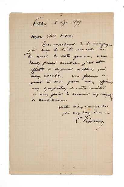 PISSARRO Camille (1830-1903). L.A.S. "C.Pissarro", Paris, 18 septembre 1879, adressée...