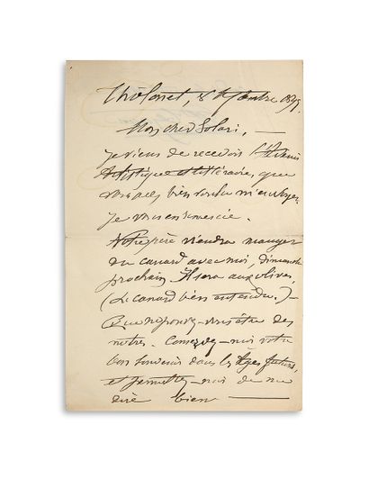 CÉZANNE PAUL (1839-1906). L.A.S. "P. Cézanne", Tholonet, September 8, 1897, addressed...