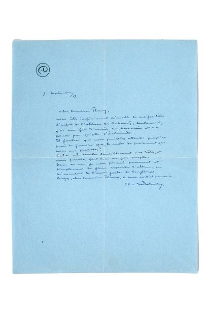DEBUSSY Claude (1862-1918). L.A.S. "Claude Debussy", [Paris], 7 septembre 1913, adressée...