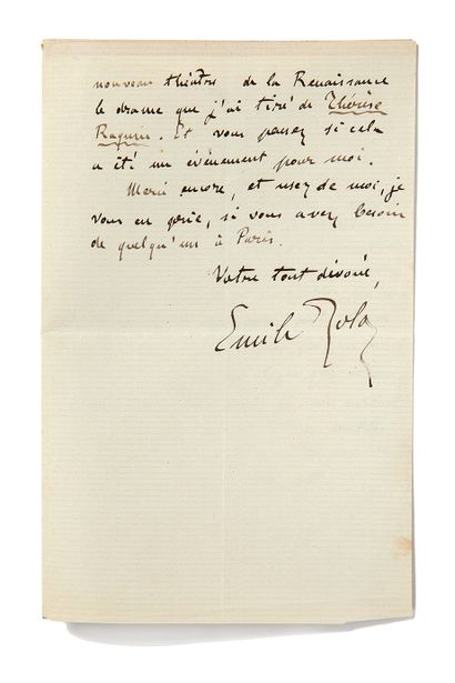 ZOLA Émile (1840-1902). L.A.S. "Emile Zola", Paris, 19 mai [1873], adressée à un...