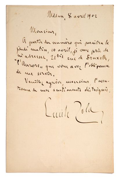 ZOLA Émile (1840-1902). L.A.S. « Emile Zola », Médan 8 avril 1902 ; ¾ page in-8....