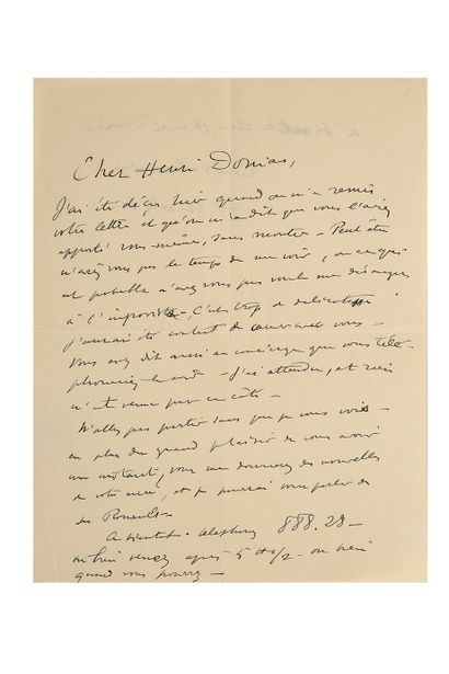 MATISSE HENRI (1869-1954). L.A.S. "H. Matisse", s.l.n.d., addressed to Henri DONIAS....