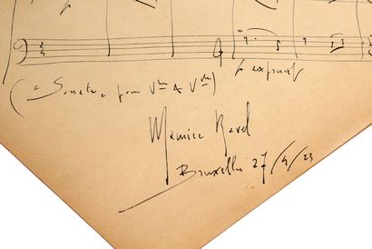 RAVEL Maurice (1875-1937). Manuscrit musical autographe signé. Bruxelles, 27 avril...