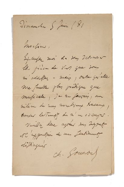 gounod Charles (1818-1893). L.A.S "Ch. Gounod", s.l., dimanche 1er mars 1891, adressée...