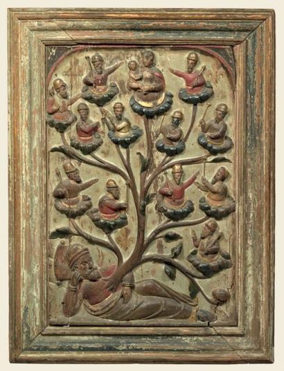 null PANNEAU EN BAS RELIEF: L'ARBRE DE JESSÉ Bois polychrome H.: 89 cm - l.: 66 cm...