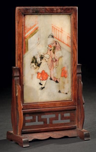 CHINE Plaque en pierre de rêve peinte présentant un enseignement bouddhique Vers...