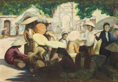 ECOLE VIETNAMIENNE DU DÉBUT DU XXE SIÈCLE 
Scène de marché

Huile sur toile

45 x...