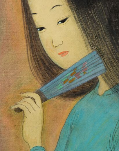 MAI trung THU (1906-1980) 
拿着扇子的年轻女孩，1960年

丝绸上的水墨和彩色，左下方有签名和日期。在艺术家制作的原始框架中 

26,5...