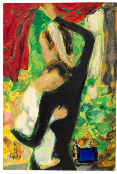 Le Pho (1907-2001) 
等待，约1955年

丝绸上的油画、墨水和色彩，左下方有签名，背面有标题

24 x 16.3 cm - 9 1/2 x...