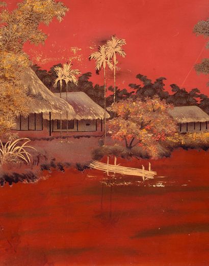 DINH VAN DAN(XXe SIÈCLE) Le village au bord de l'eau Laque à fond rouge et rehauts...