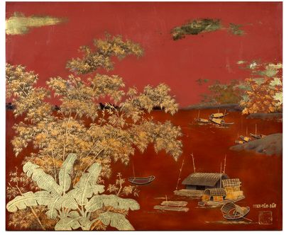 DINH VAN DAN(XXe SIÈCLE) 
Les sampans

Red lacquer panel with gold highlights, signed...