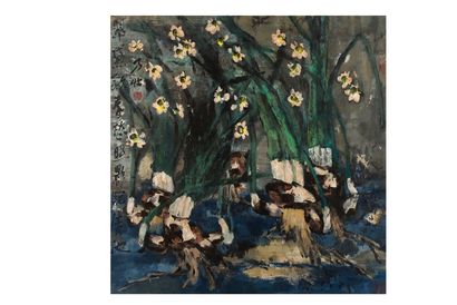 Attribué à WANG Naizhuang (1929) Narcisses Encre, couleur/papier 69 x 69 cm - 27...