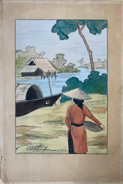Ecole du XXème siècle Vietnamienne au bord de l’eau Aquarelle, pastel et fusain sur...