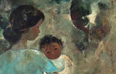 Vũ Cao Đàm (1908-2000) Mère et enfant, 1956 Huile sur panneau, signée en bas à droite,...