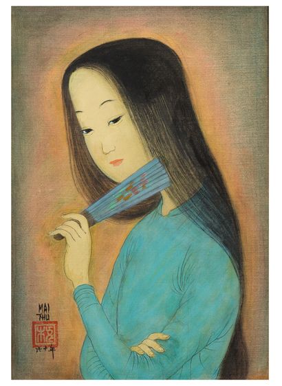 MAI trung THU (1906-1980) 
拿着扇子的年轻女孩，1960年

丝绸上的水墨和彩色，左下方有签名和日期。在艺术家制作的原始框架中 

26,5...