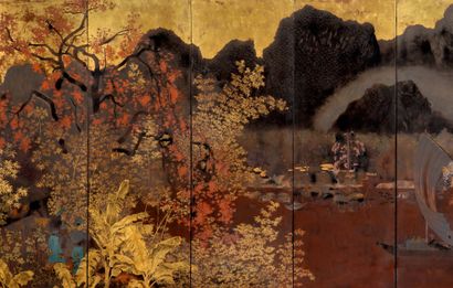 LÊ QUỐC LỘC Les rapides de Cho Bo, 1942 Laque à réhauts d'or, paravent en six panneaux,...