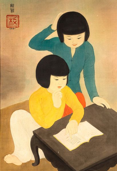 MAI TRUNG THỨ (1906-1980) 
Deux enfants à la lecture, 1941

Ink and color on silk,...