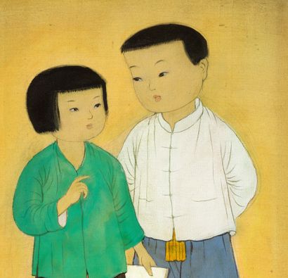 MAI TRUNG THỨ (1906-1980) 
两个孩子，1953年

丝绸上的水墨和彩色，左下方有签名和日期。 

在艺术家制作的原始框架中 

27.5...