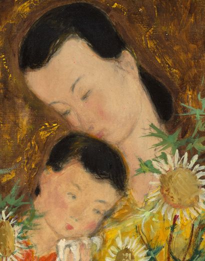 LÊ PHỔ (1907-2001) Maternité Huile, encre et couleurs sur soie, signée en haut à...