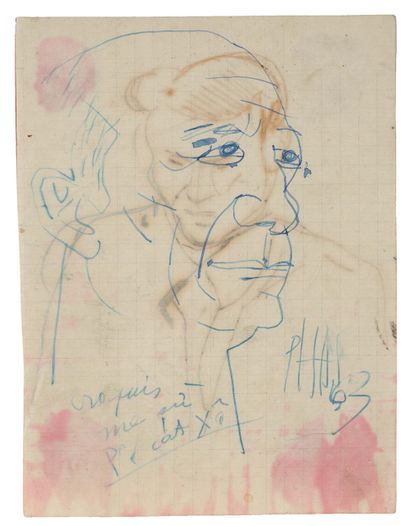 BÙI XUÂN PHÁI (1920-1988) * Portrait de Picasso, 1963 Encre bleue sur papier, titrée,...