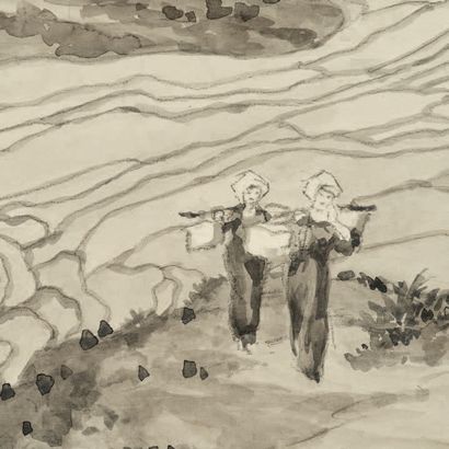 NGUYỄN NAM SƠN (1890-1973) 
收获后归来的年轻妇女

纸上水墨画，裱在纸板上，右上方有字，左下方有签名

61 x 36.6 cm...