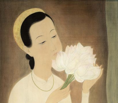 MAI TRUNG THỨ (1906-1980) Jeune femme arrangeant des f leurs de lotus, 1943 Encre...