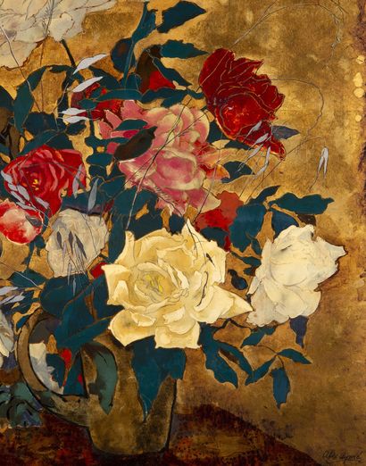 ALIX AYMÉ (1894-1989) 
在一束玫瑰花前沉思的年轻女孩

金色背景的漆器，右下方有签名 

45.5 x 61.3 cm - 17 7/8 x...