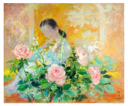 * LÊ PHỔ (1907-2001) Jeune femme au bouquet de pivoines 

Huile sur toile, signée...