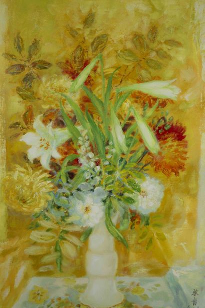 *LE PHO (1907-2001) 
Les lys et les chrysanthèmes
Huile sur toile, signée en bas...