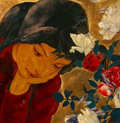 ALIX AYMÉ (1894-1989) Jeune fille pensive devant un bouquet de roses Laque à fond...