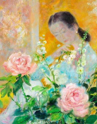 * LÊ PHỔ (1907-2001) Jeune femme au bouquet de pivoines 

Huile sur toile, signée...