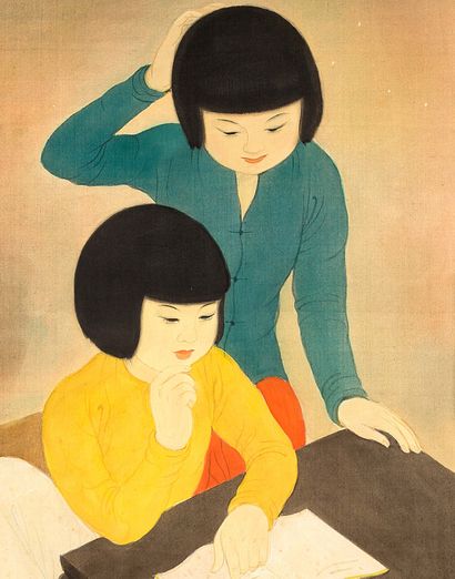 MAI TRUNG THỨ (1906-1980) 
Deux enfants à la lecture, 1941

Ink and color on silk,...