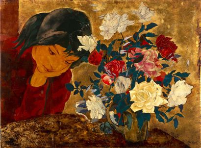 ALIX AYMÉ (1894-1989) 
Jeune fille pensive devant un bouquet de roses

Gilded lacquer...