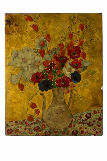 Alix AYME (1894 - 1989) 
Bouquet de fleurs posé sur un entablement à la nappe fleurie,...