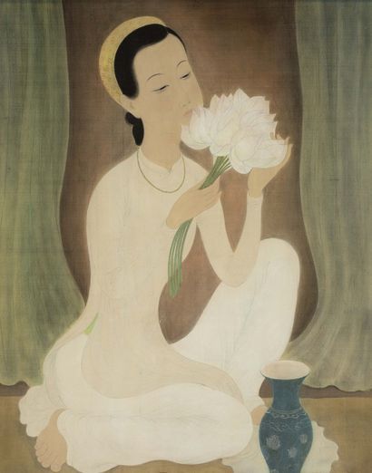MAI TRUNG THỨ (1906-1980) 
Jeune femme arrangeant des f leurs de lotus, 1943 

Ink...