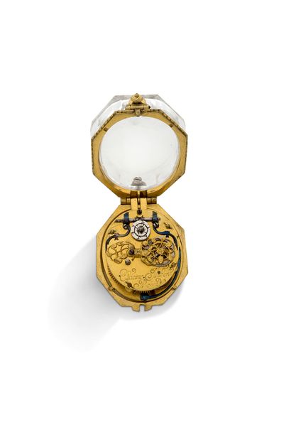 E STIENNE HUBERT, Rouen 
Octagonal watch in gilded metal and rock crystal with a...