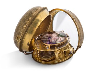 MAURIS, London Début XVIIIe siècle Montre oignon en métal doré avec coq en émail...