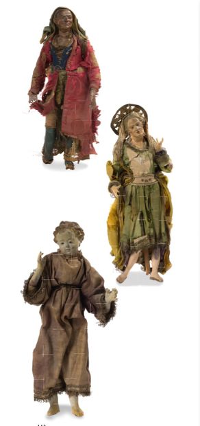 null 四个桑顿 雕刻的木头和多色陶土的头、手和腿，丝绸和格子花纹的衣服。
那不勒斯，18世纪末/19世纪初
高度：34厘米、47厘米、39厘米和35厘米
 ...