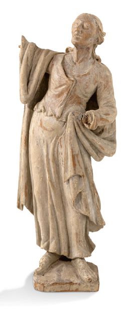 null 圆形单色木雕的圣约翰像。他站着，抬头看天，身穿长袍，腰间有上衣，披着衣钵，单衣底。
18世纪晚期
高度：38厘米
 （事故、损坏和修复）